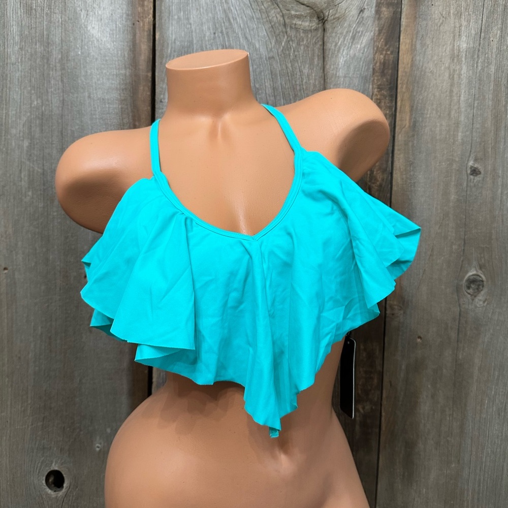 Tempt Me Flounce Bikini Top Cross Back Ruffle in Aqua Size Medium